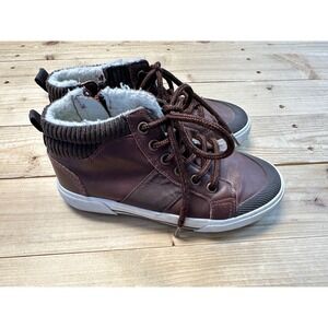 US Sports Kids Brown High Top Sneakers Faux Fur Lined Side Zip Boots Size 13‎